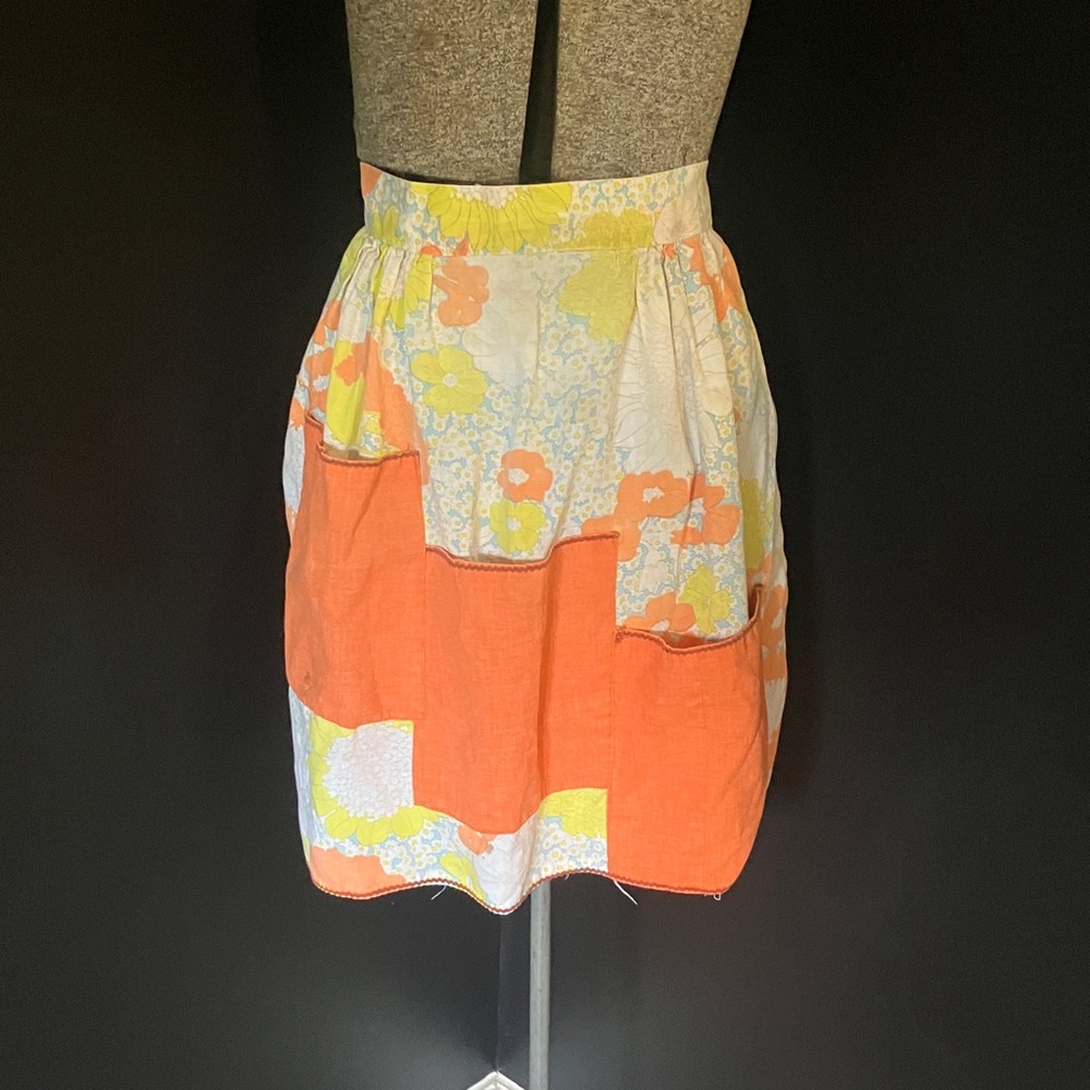 Vintage 1960s Handmade Floral Half Apron Orange & Yellow